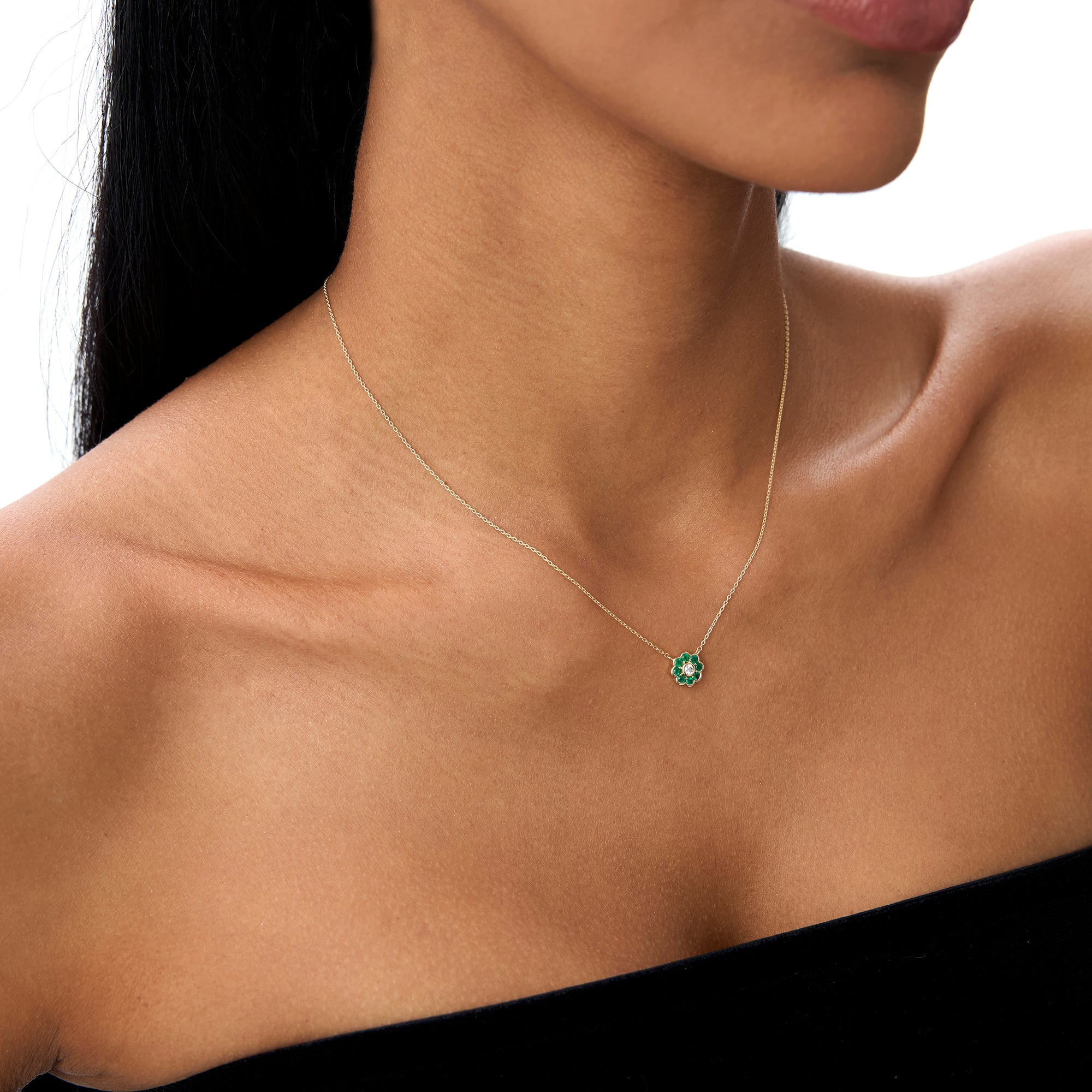 OBFJ0894 - Bezel Setting Emerald Flower Diamond Necklace necklace in selectable metal and diamond options - Roselle Jewelry view 4