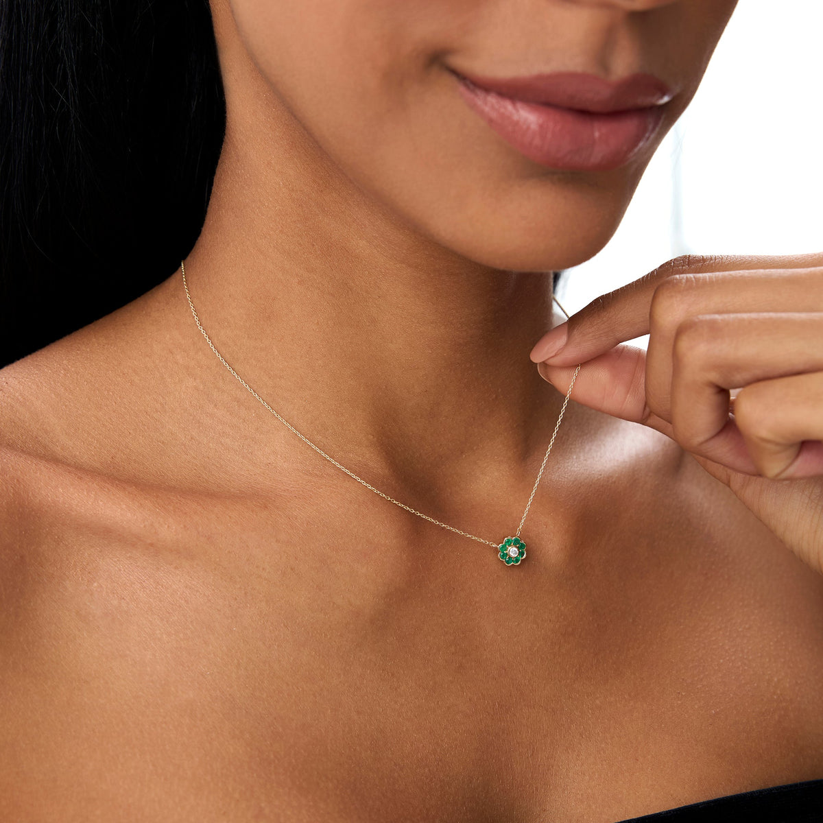 OBFJ0894 - Bezel Setting Emerald Flower Diamond Necklace necklace in selectable metal and diamond options - Roselle Jewelry view 5