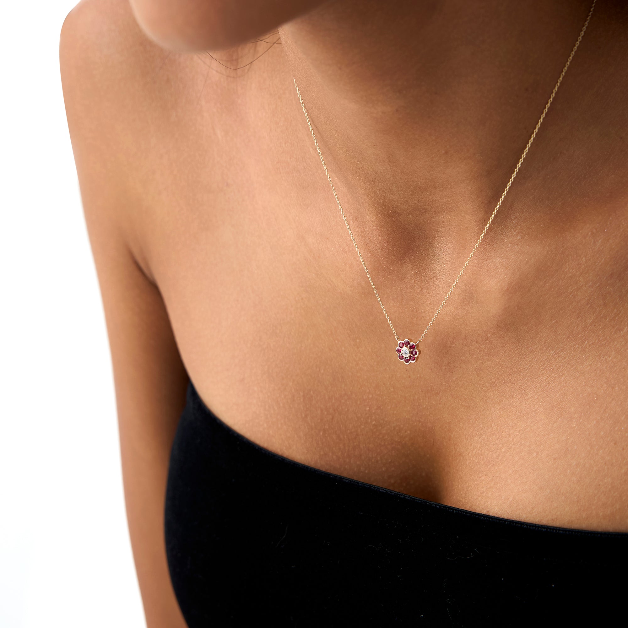 OBFJ0895 - 14K Bezel Setting Ruby Flower Diamond Necklace 2