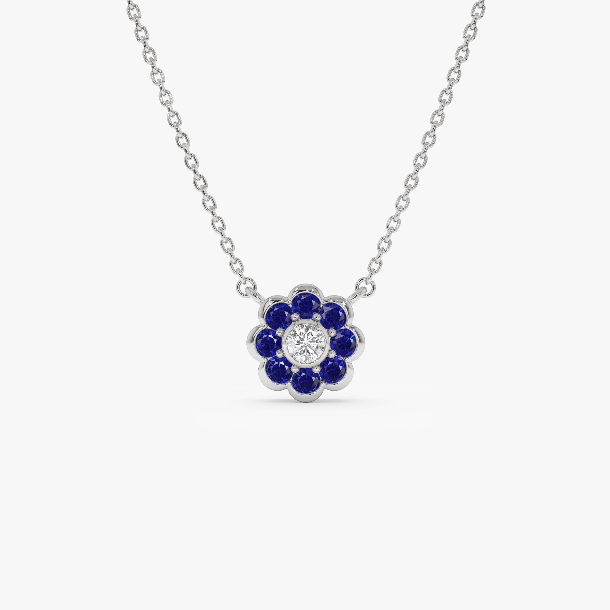 OBFJ0893 - 14K Bezel Setting Sapphire Flower Diamond Necklace 7