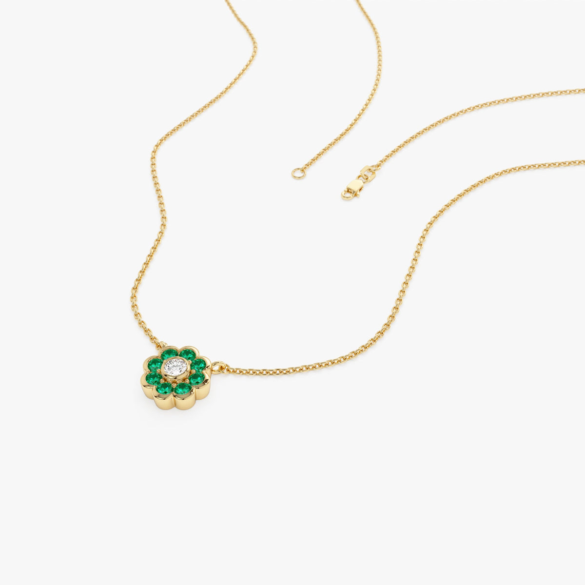 OBFJ0894 - Bezel Setting Emerald Flower Diamond Necklace necklace in selectable metal and diamond options - Roselle Jewelry view 8