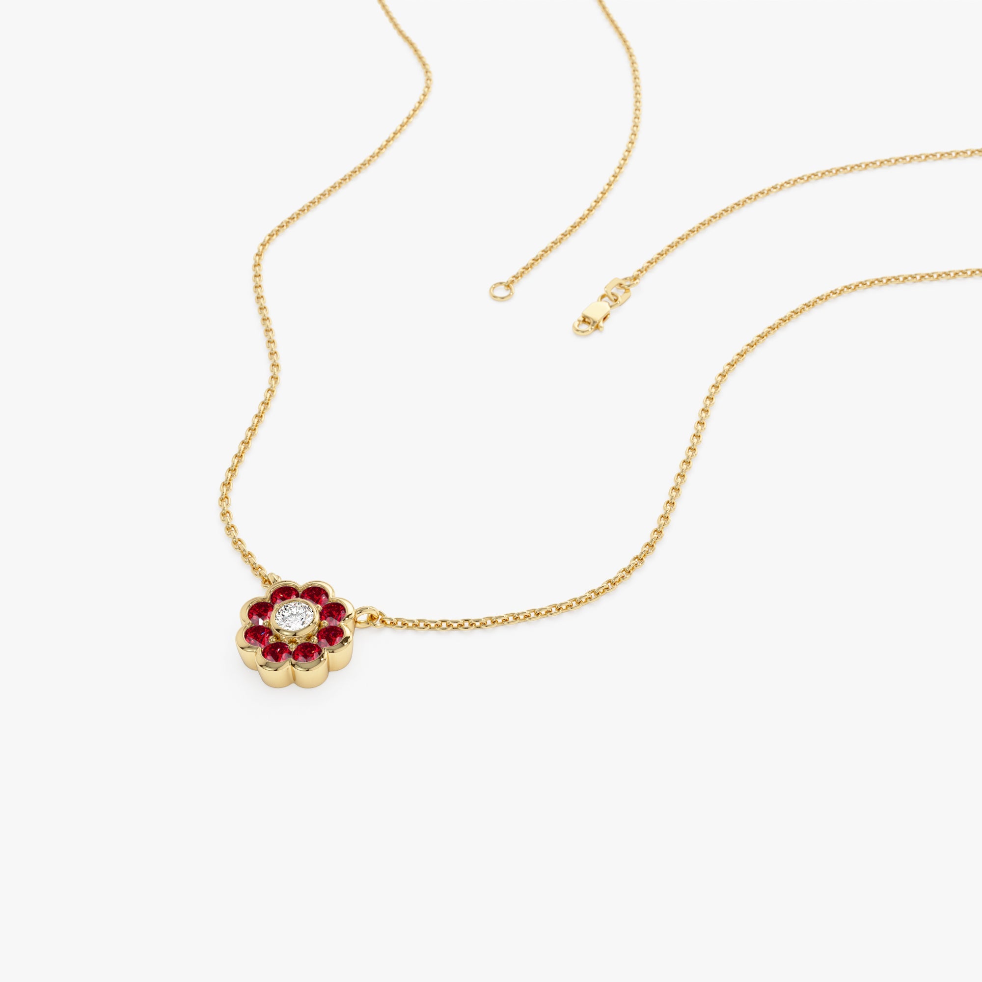 OBFJ0895 - 14K Bezel Setting Ruby Flower Diamond Necklace 7