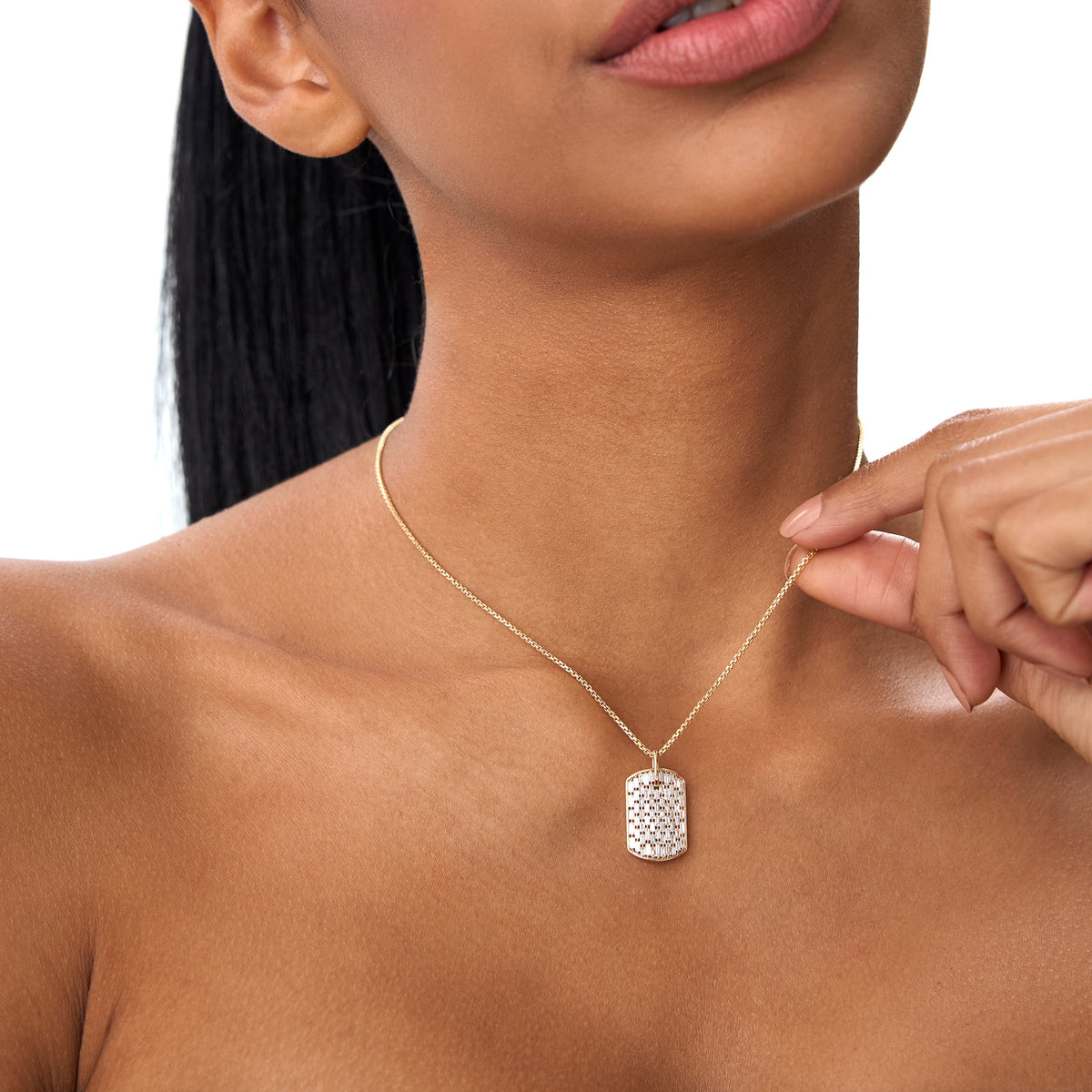 OBFJ0867 - Baguette Diamond Dog Tag Pendant necklace in selectable metal and diamond options - Roselle Jewelry view 3