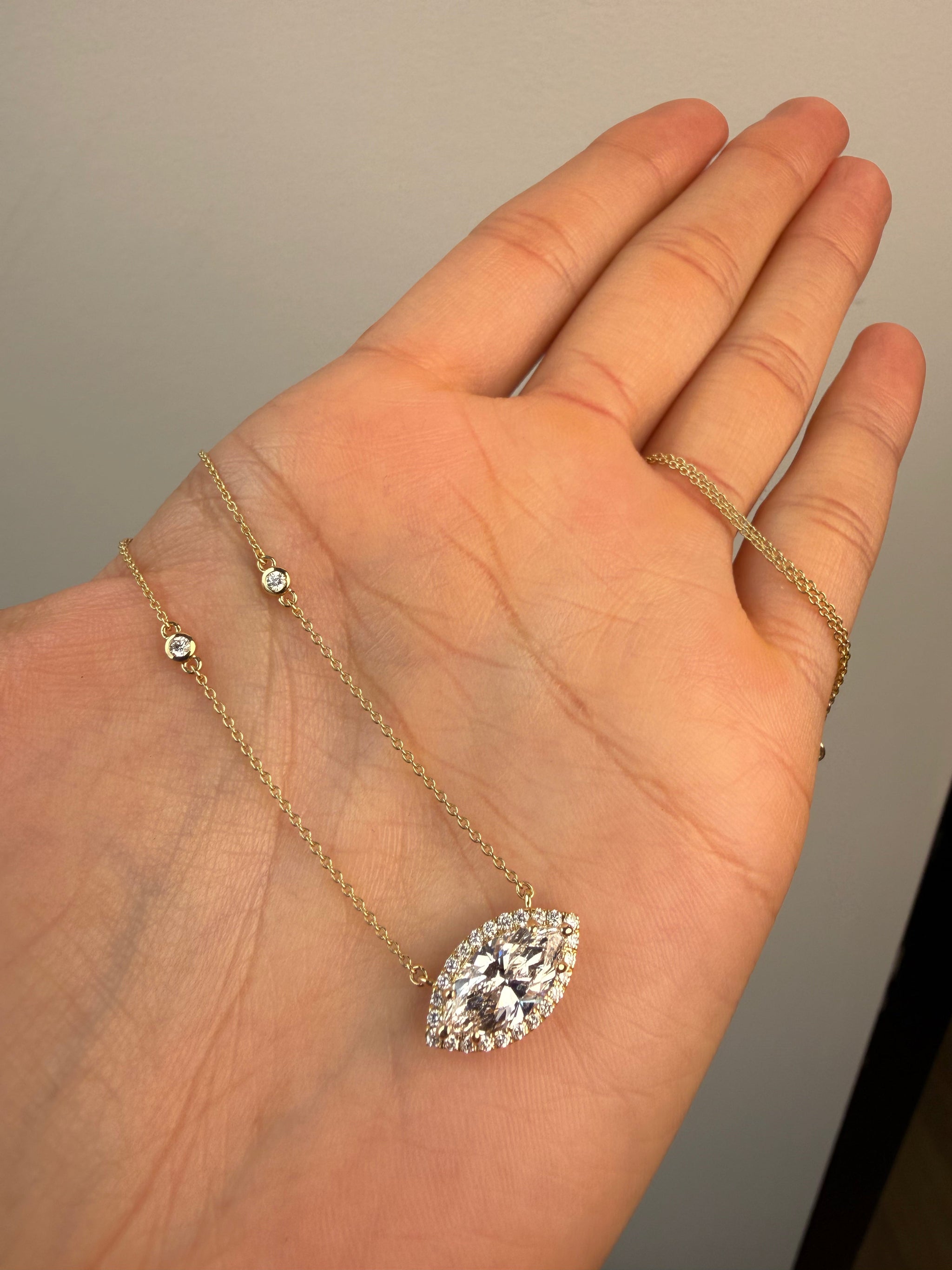 OBFJ0063 - 14k Gold Diamond by the Yard Necklace with Halo Marquise Center 8