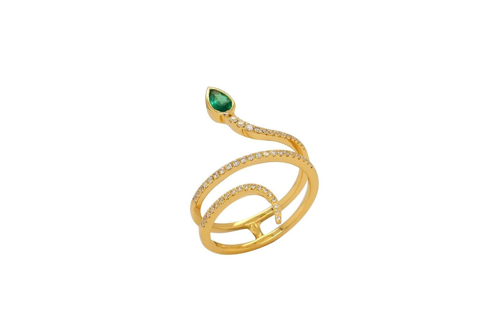OBFJ0072 - 14K Gold Graduating Diamond And Pear Shape Emerald Wrap Around Ring 1