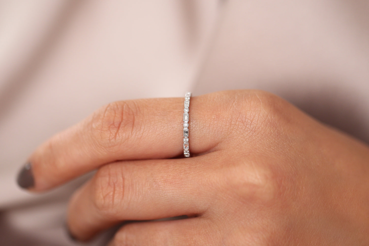 OBFJ1898 - Baguette & Round Diamond Milgrain Bezel Full Eternity Ring ring in selectable metal and diamond options - Roselle Jewelry view 9