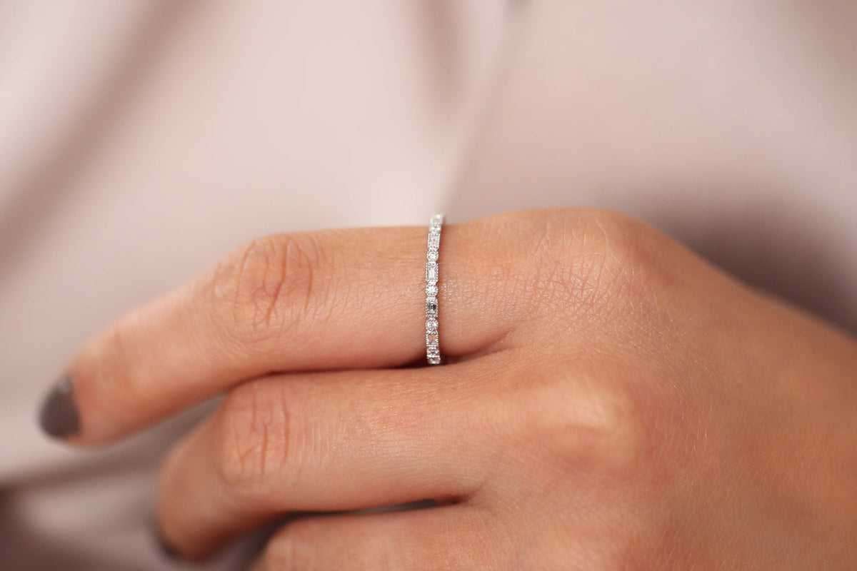 OBFJ1898 - Baguette & Round Diamond Milgrain Bezel Full Eternity Ring ring in selectable metal and diamond options - Roselle Jewelry view 9