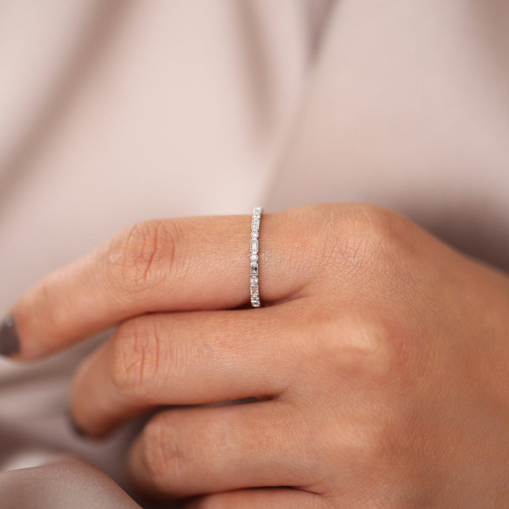OBFJ1898 - Baguette & Round Diamond Milgrain Bezel Full Eternity Ring ring in selectable metal and diamond options - Roselle Jewelry view 3