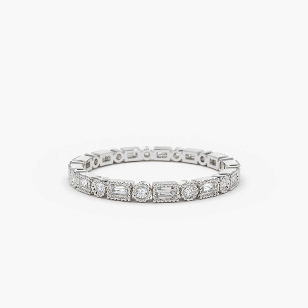 OBFJ1898 - Baguette & Round Diamond Milgrain Bezel Full Eternity Ring ring in selectable metal and diamond options - Roselle Jewelry view 5