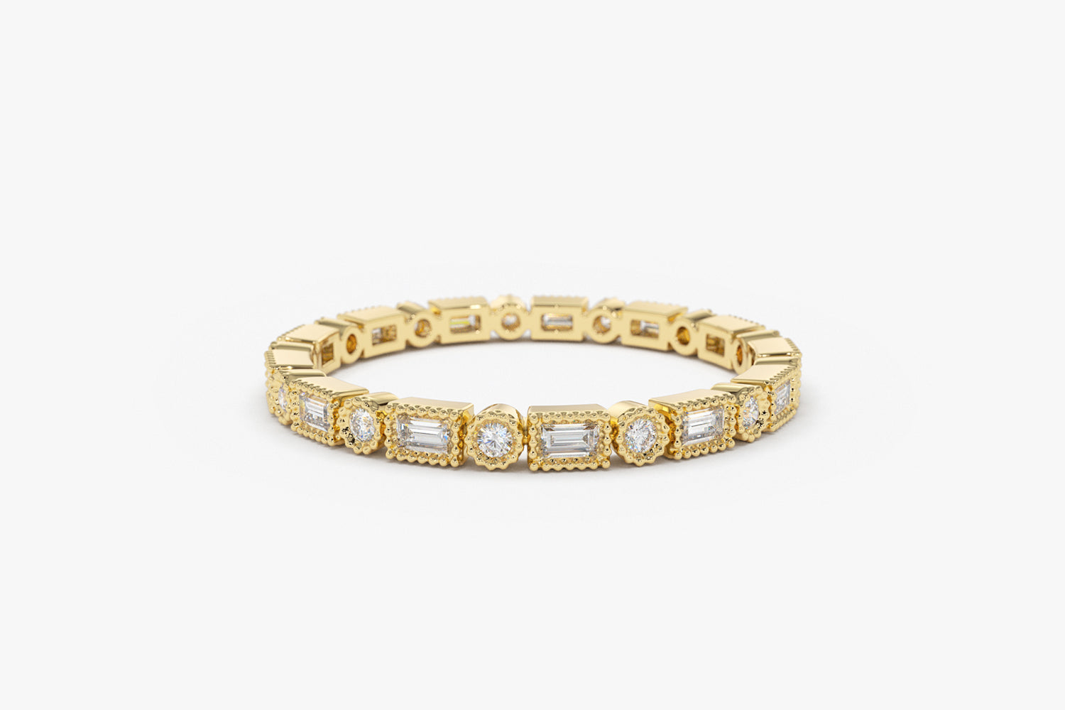 OBFJ1898 - Baguette & Round Diamond Milgrain Bezel Full Eternity Ring ring in selectable metal and diamond options - Roselle Jewelry view 8
