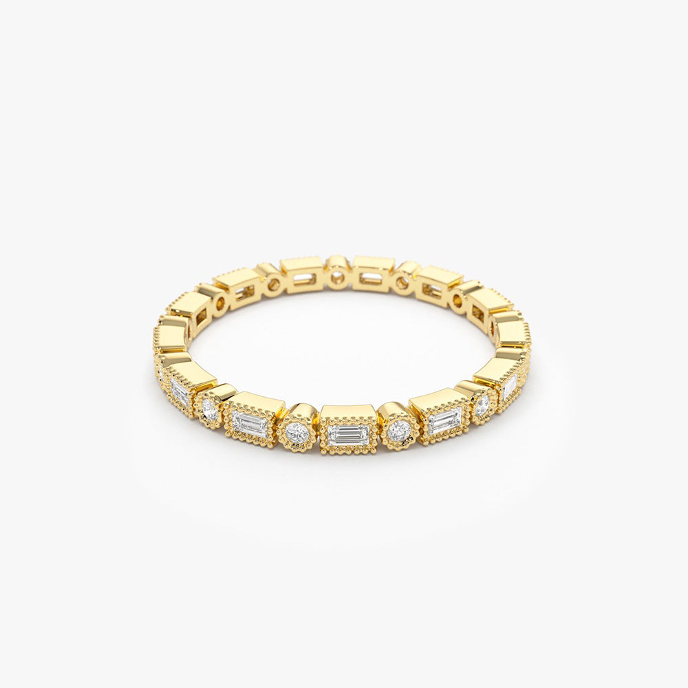 OBFJ1898 - Baguette & Round Diamond Milgrain Bezel Full Eternity Ring ring in selectable metal and diamond options - Roselle Jewelry view 7