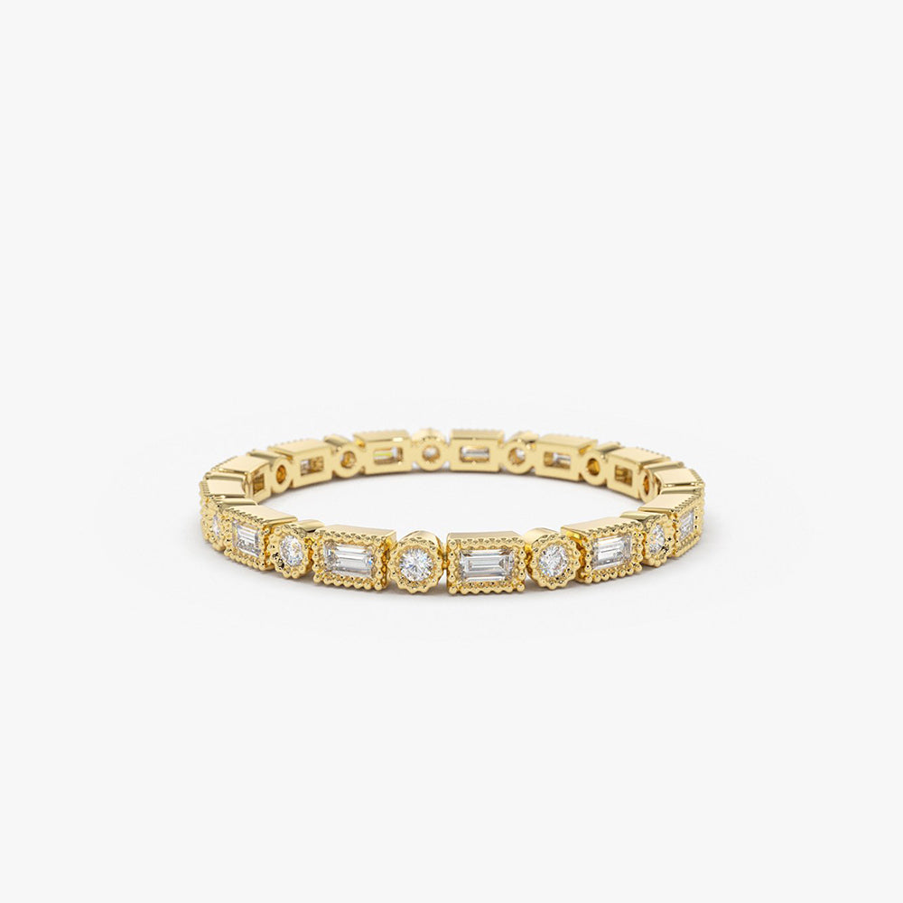 OBFJ1898 - Baguette & Round Diamond Milgrain Bezel Full Eternity Ring ring in selectable metal and diamond options - Roselle Jewelry view 1
