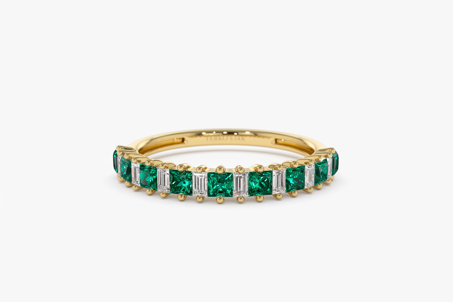 OBFJ1999 - 14k Unique Princess Cut Emerald and Baguette Diamond Ring 8