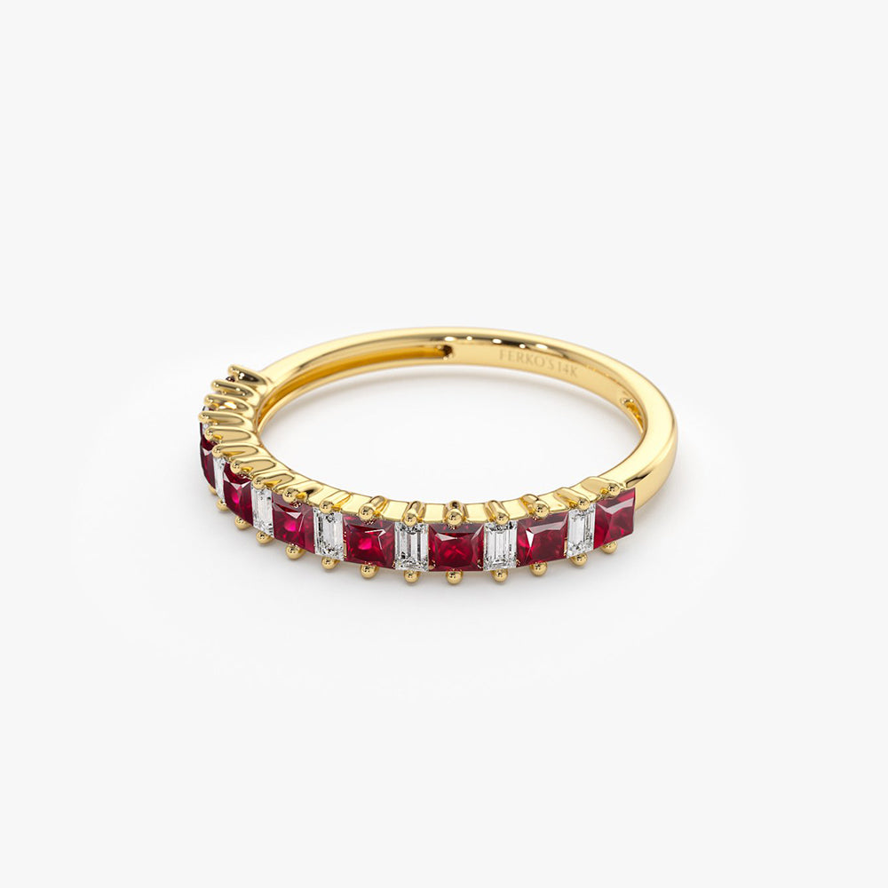 OBFJ2003 - 14k Unique Princess Cut Ruby and Baguette Diamond Ring 8