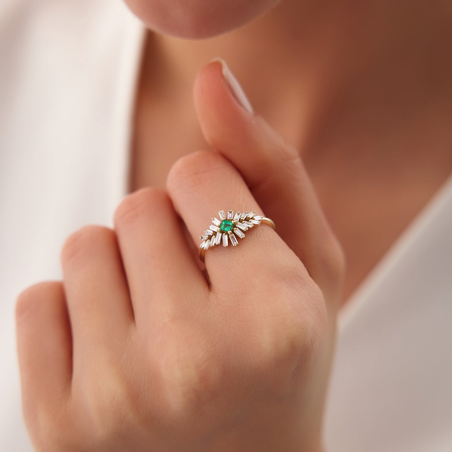 OBFJ2266 - 14K Baguette Diamond Ring with a Square Emerald 2