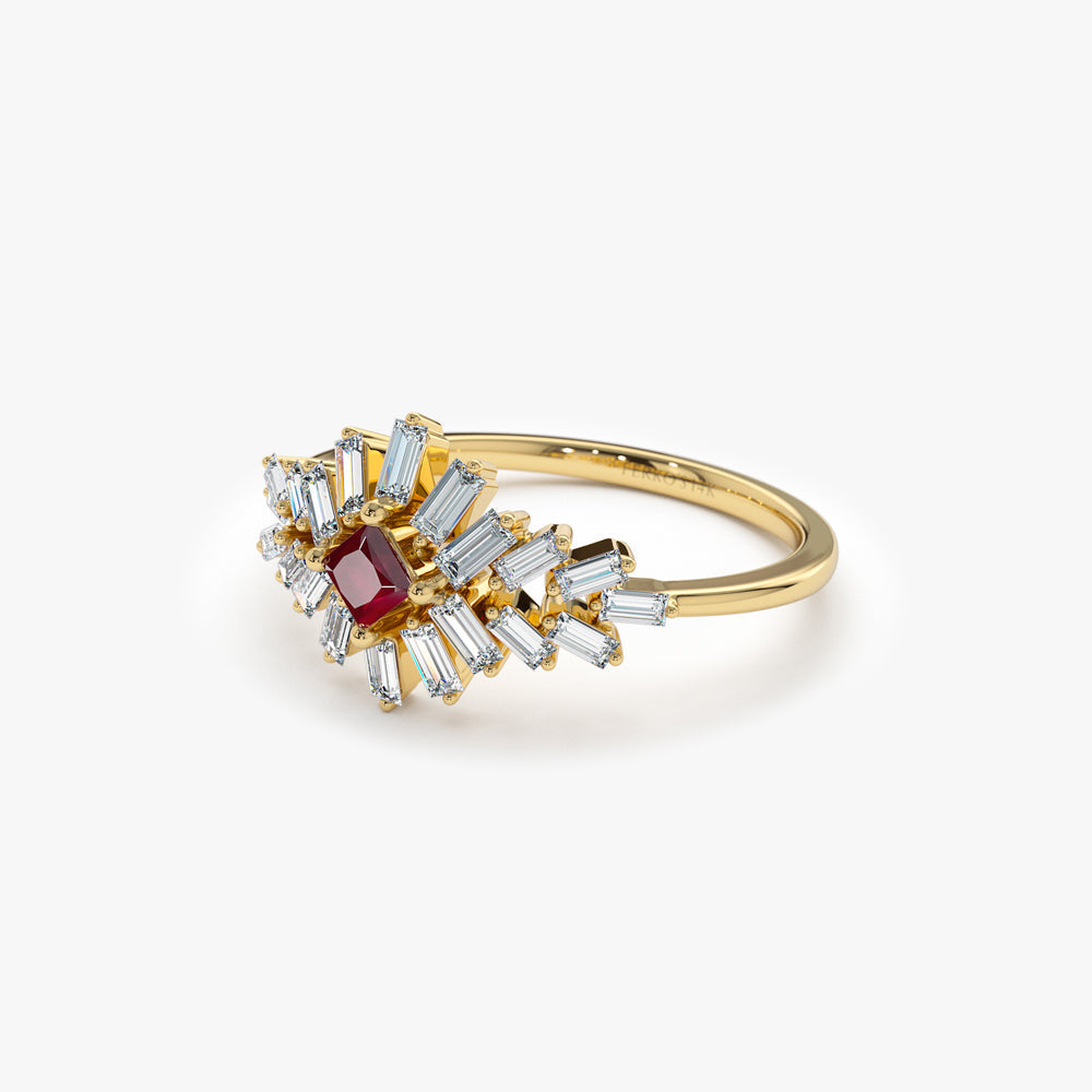 OBFJ1469 - 14K Baguette Diamond Ring with a Square Ruby 7