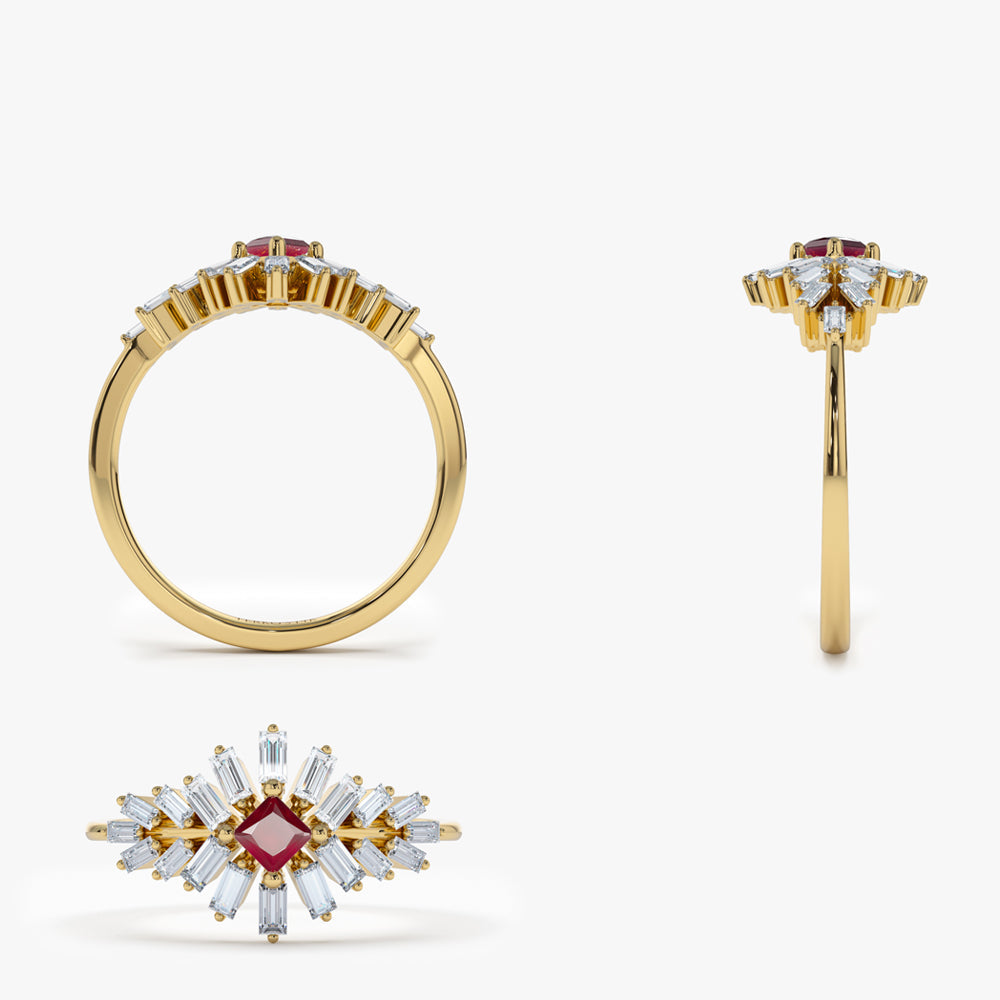 OBFJ1469 - 14K Baguette Diamond Ring with a Square Ruby 8