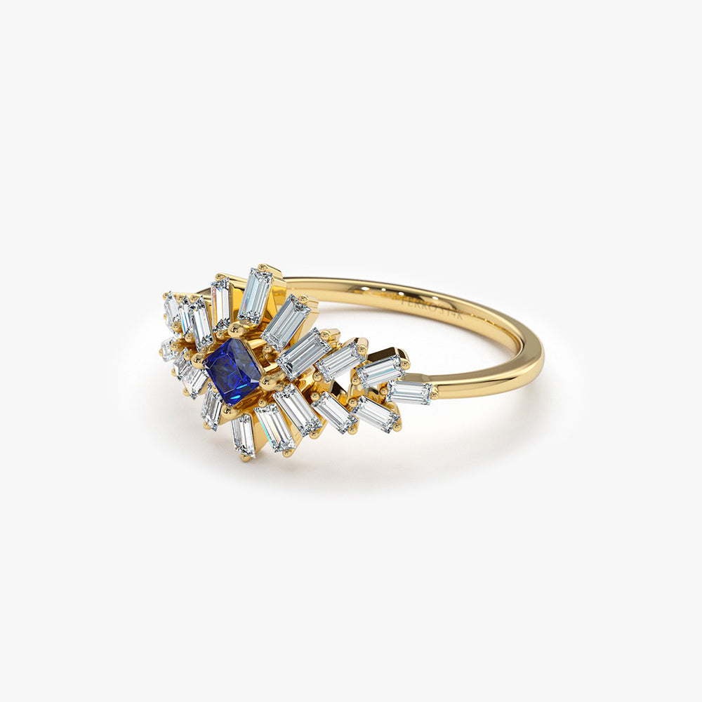 OBFJ2001 - 14K Baguette Diamond Ring with Square Sapphire 7