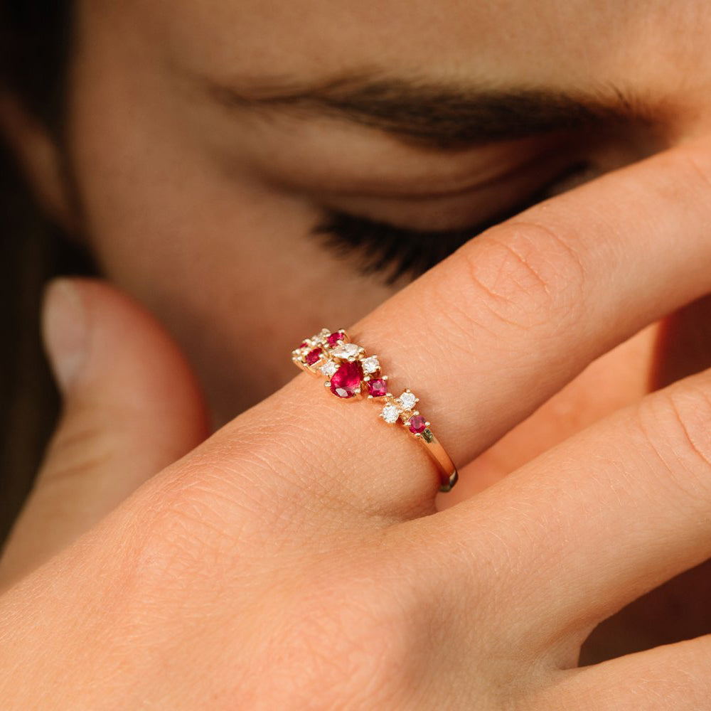 OBFJ2069 - 14k Ruby and Diamond Mixed Shape Cluster Ring 3