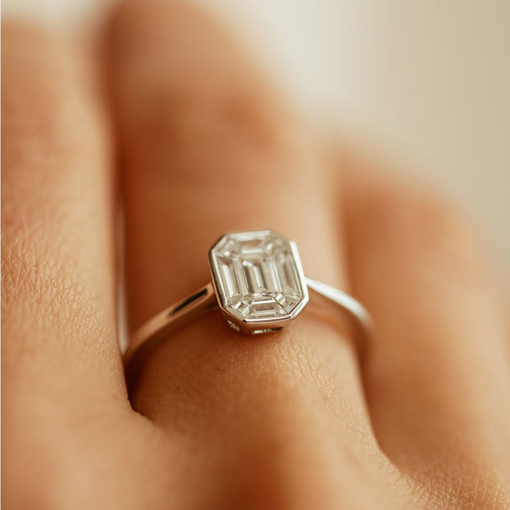 OBFJ1991 - Emerald Cut Illusion Mosaic Solitaire Engagement Ring ring in selectable metal and diamond options - Roselle Jewelry view 3