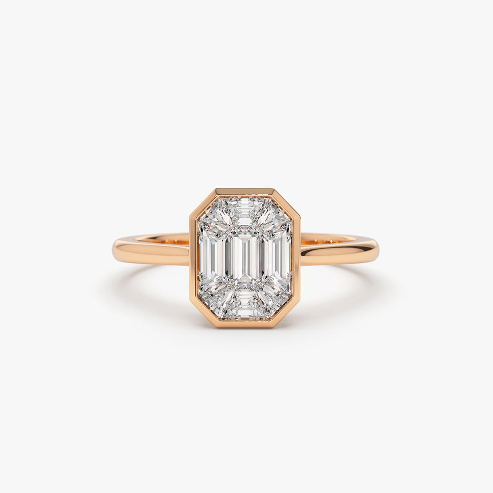 OBFJ1991 - Emerald Cut Illusion Mosaic Solitaire Engagement Ring ring in selectable metal and diamond options - Roselle Jewelry view 7
