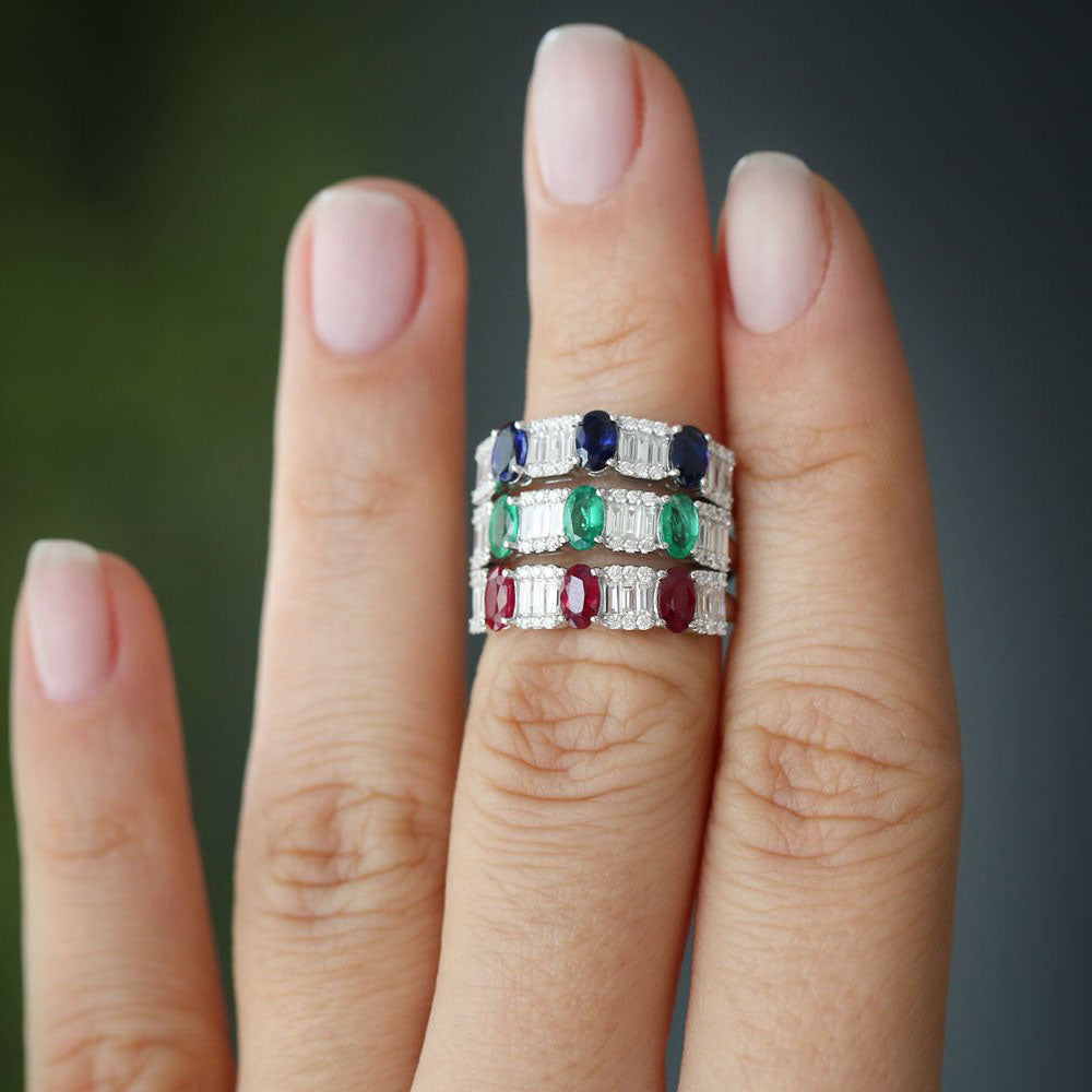 OBFJ2042 - Baguette & Round Diamond with Genuine Emerald Ring ring in selectable metal and diamond options - Roselle Jewelry view 4