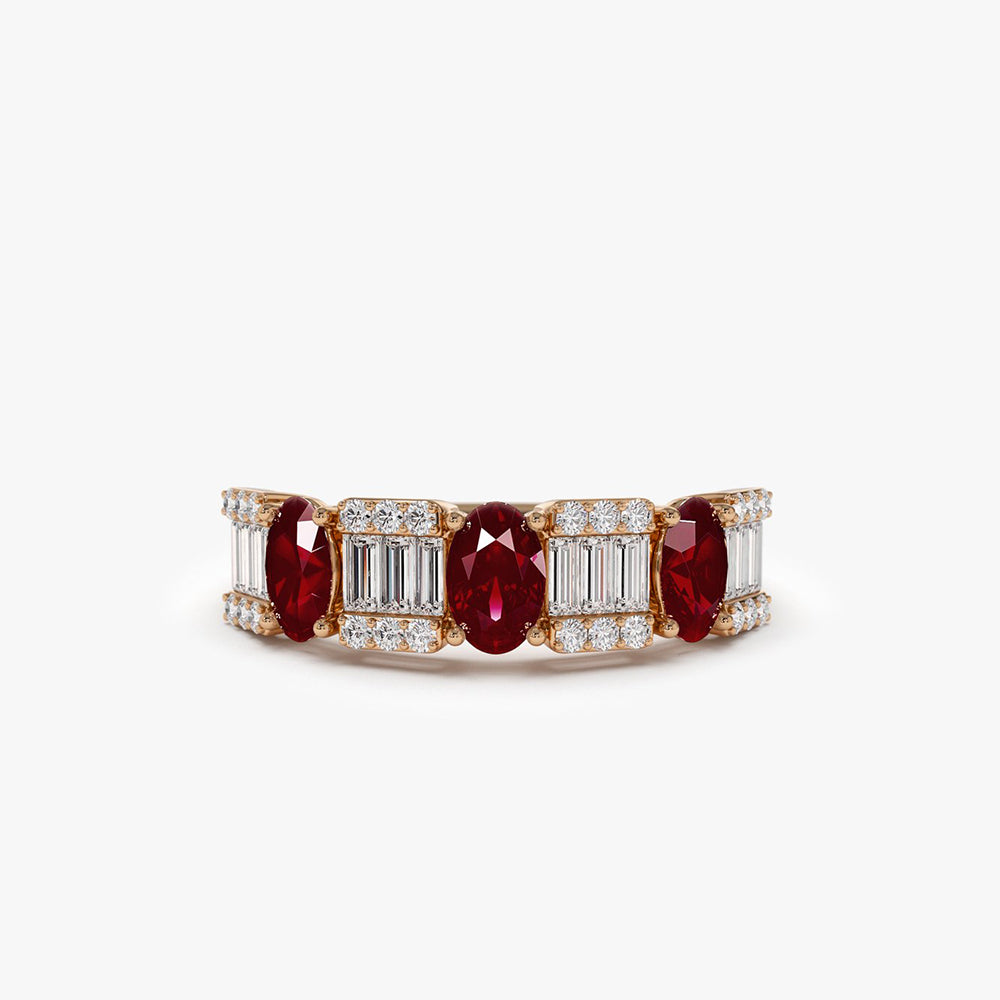 OBFJ0009 - Baguette & Round Diamond with Genuine Ruby Ring ring in selectable metal and diamond options - Roselle Jewelry view 1