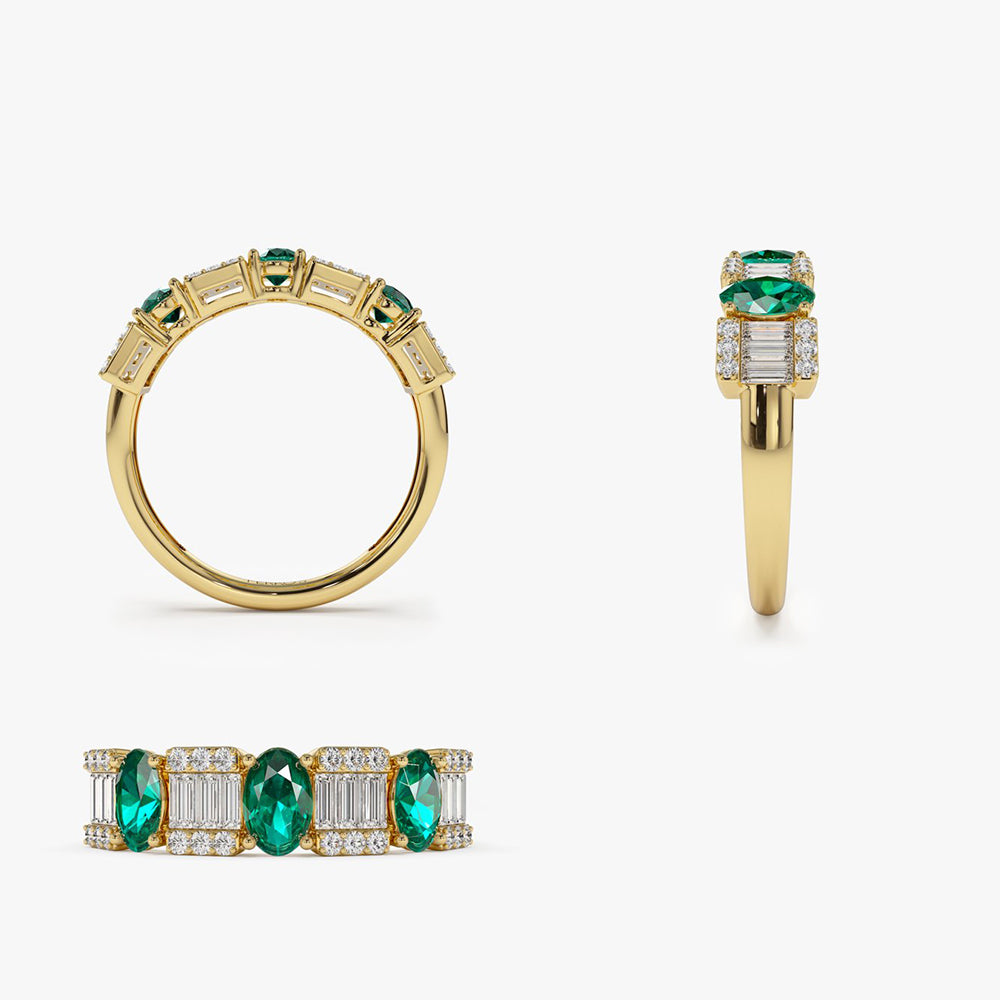 OBFJ2042 - Baguette & Round Diamond with Genuine Emerald Ring ring in selectable metal and diamond options - Roselle Jewelry view 9