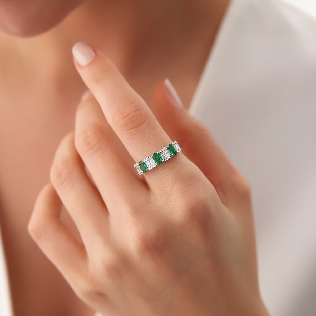 OBFJ2042 - Baguette & Round Diamond with Genuine Emerald Ring ring in selectable metal and diamond options - Roselle Jewelry view 2