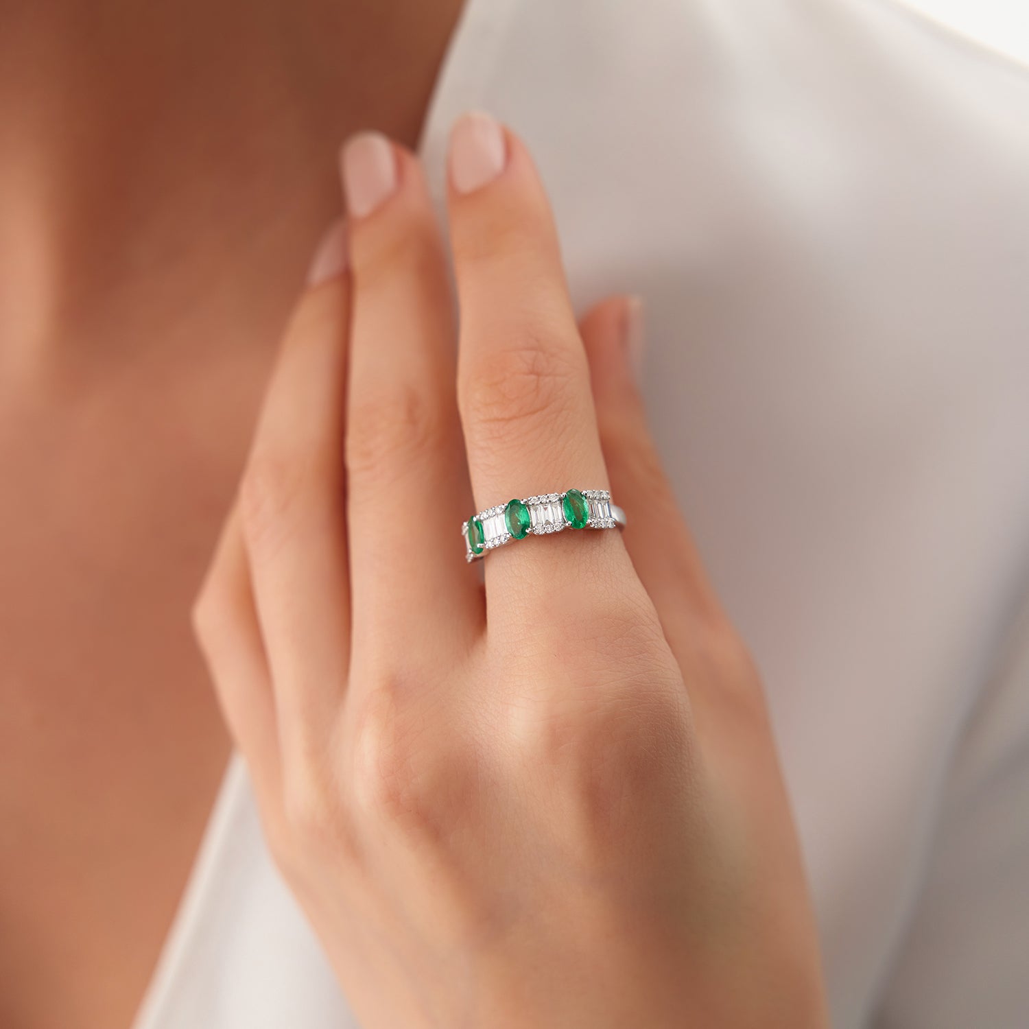 OBFJ2042 - Baguette & Round Diamond with Genuine Emerald Ring ring in selectable metal and diamond options - Roselle Jewelry view 3