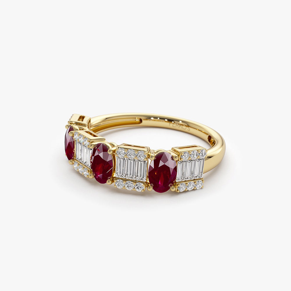 OBFJ2043 - Baguette & Round Diamond with Genuine Ruby Ring ring in selectable metal and diamond options - Roselle Jewelry view 7