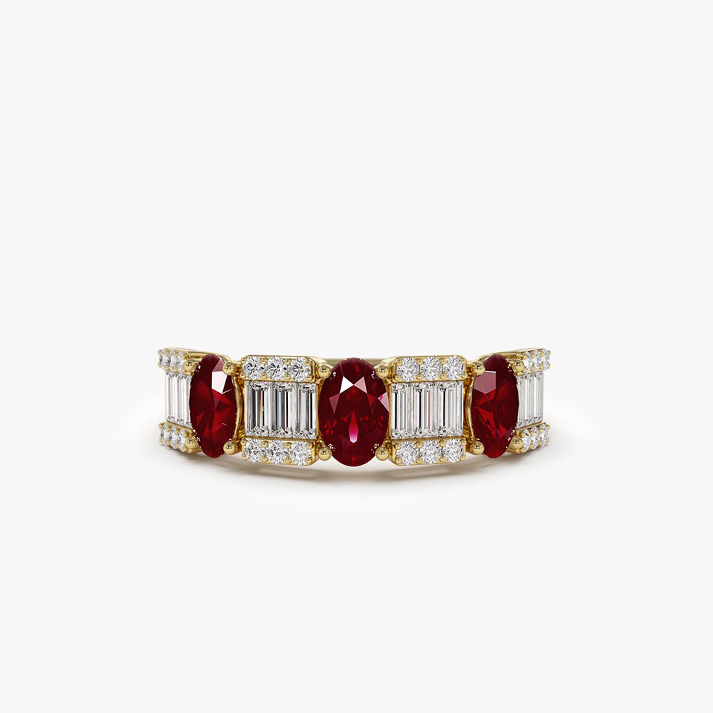 OBFJ2043 - Baguette & Round Diamond with Genuine Ruby Ring ring in selectable metal and diamond options - Roselle Jewelry view 1