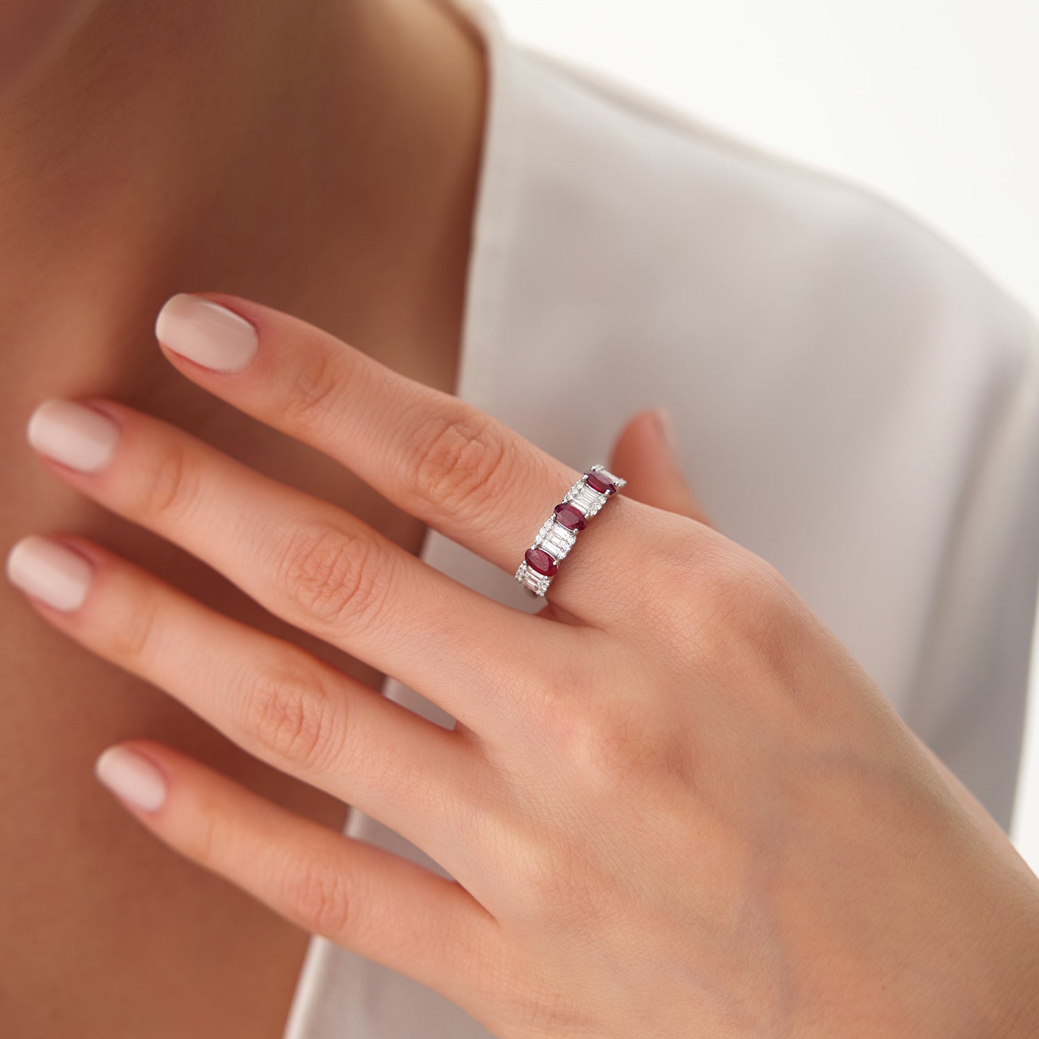 OBFJ2043 - Baguette & Round Diamond with Genuine Ruby Ring ring in selectable metal and diamond options - Roselle Jewelry view 3