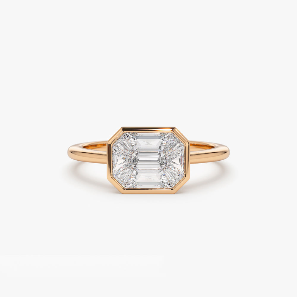 OBFJ1528 - East West Illusion Setting Emerald Pie Cut Diamond Ring ring in selectable metal and diamond options - Roselle Jewelry view 6