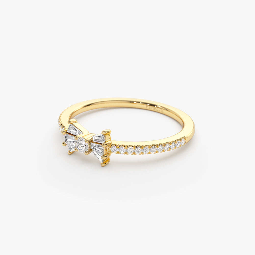 OBFJ2197 - Baguette and Round Diamond Bow Ring ring in selectable metal and diamond options - Roselle Jewelry view 7