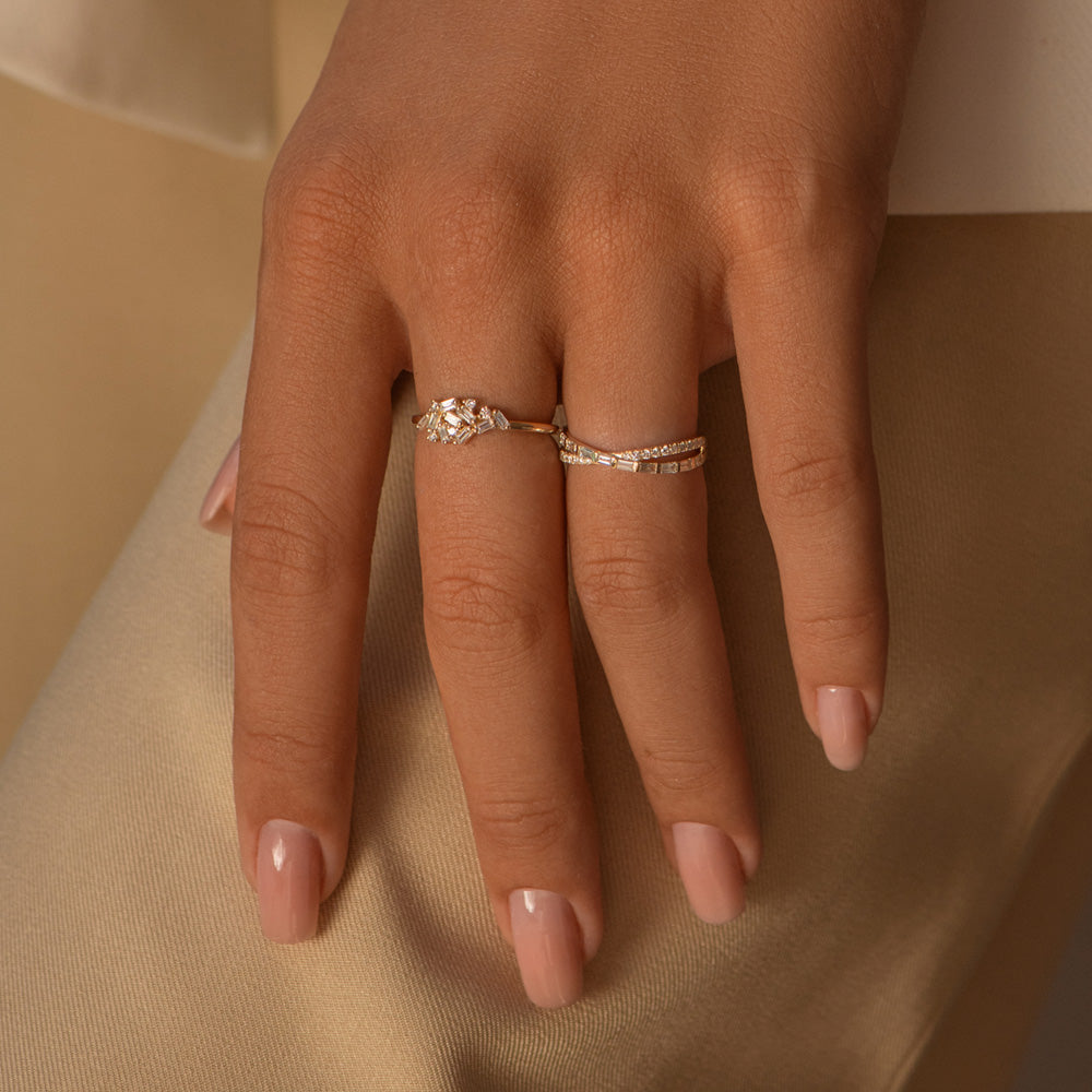 OBFJ2196 - Mix Baguette and Round Diamond Crossover Ring ring in selectable metal and diamond options - Roselle Jewelry view 5