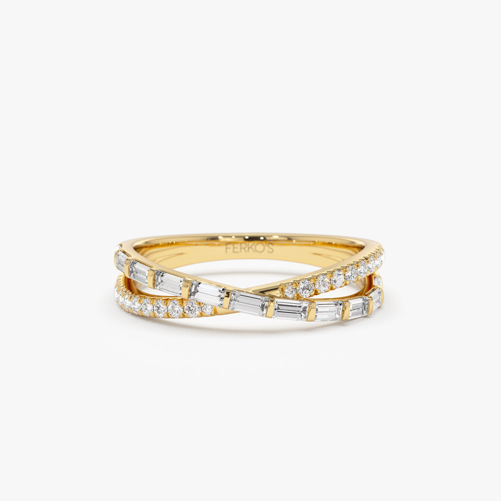 OBFJ2196 - Mix Baguette and Round Diamond Crossover Ring ring in selectable metal and diamond options - Roselle Jewelry view 1