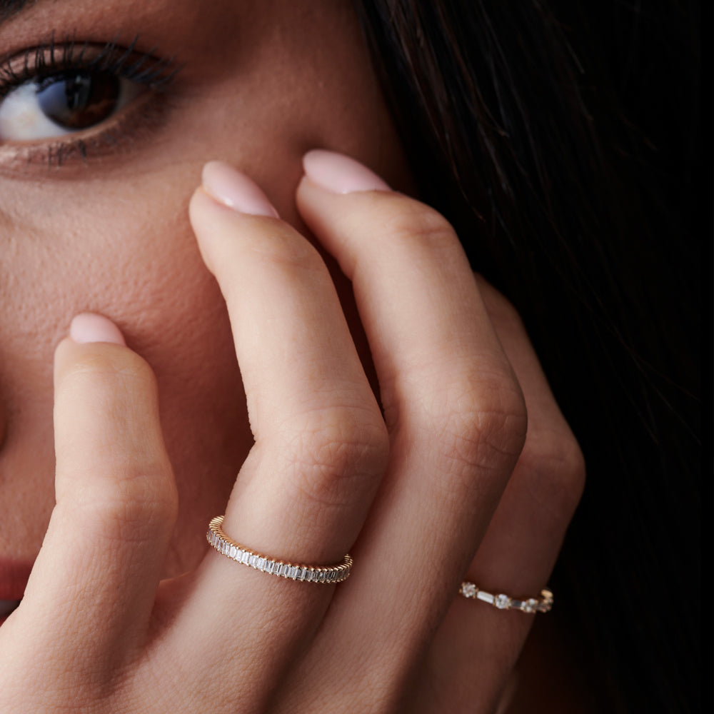 OBFJ1127 - Dainty Stackable Full Eternity Baguette Diamond Ring ring in selectable metal and diamond options - Roselle Jewelry view 4