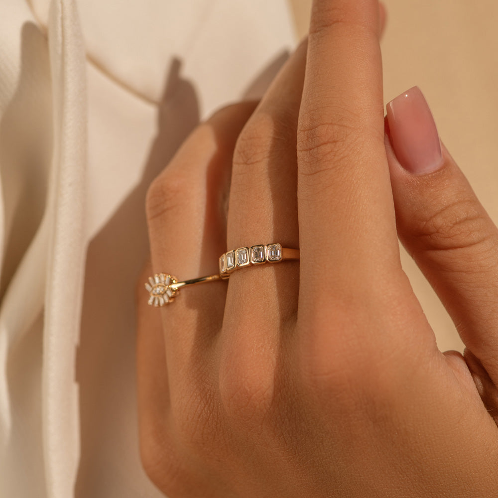 OBFJ2203 - Bezel Setting Emerald Cut Diamond Wedding Band ring in selectable metal and diamond options - Roselle Jewelry view 2