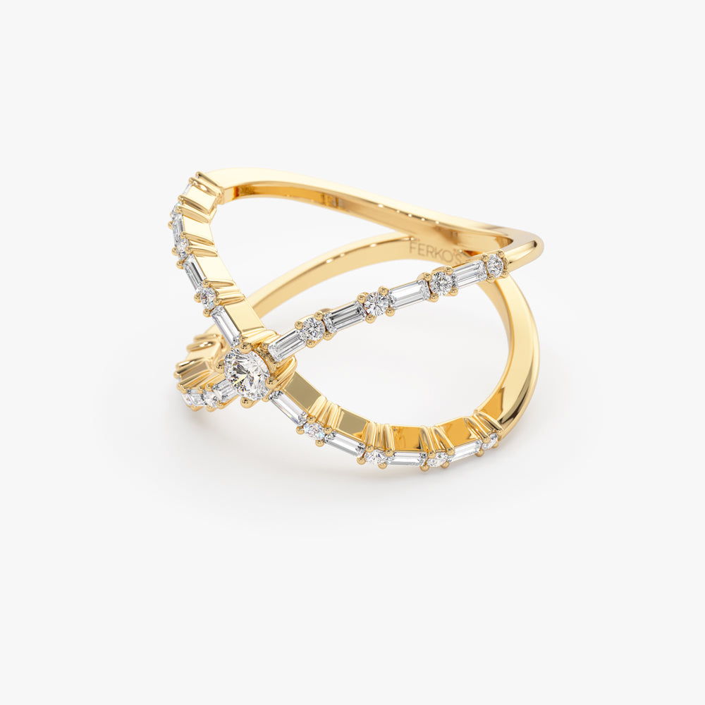 OBFJ2237 - Baguette & Round Diamond Crisscross Ring in ring in selectable metal and diamond options - Roselle Jewelry view 9