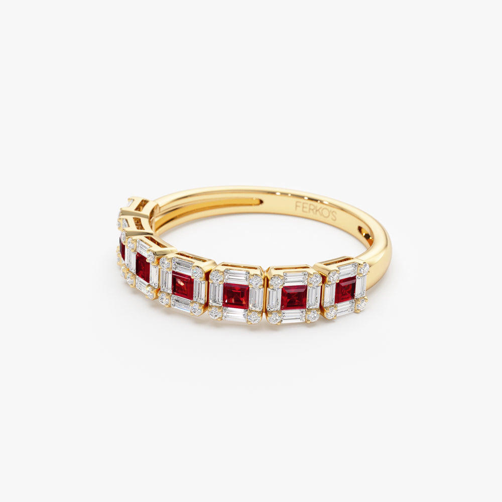 OBFJ2259 - 14k Princess Cut Ruby W/ Baguette and Round Diamond Ring 8