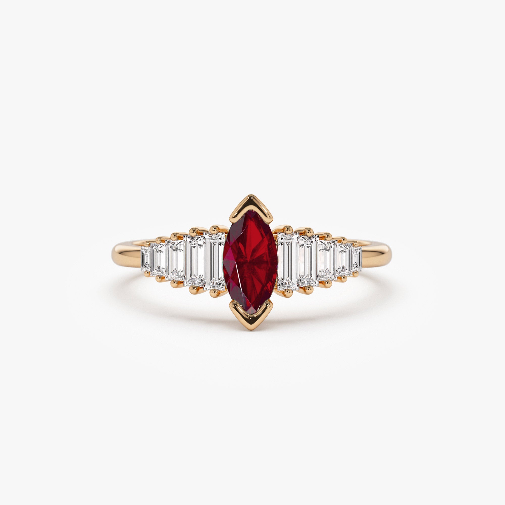 OBFJ1213 - 14k Gold Marquise Shape Ruby Ring with Baguette Accents 6
