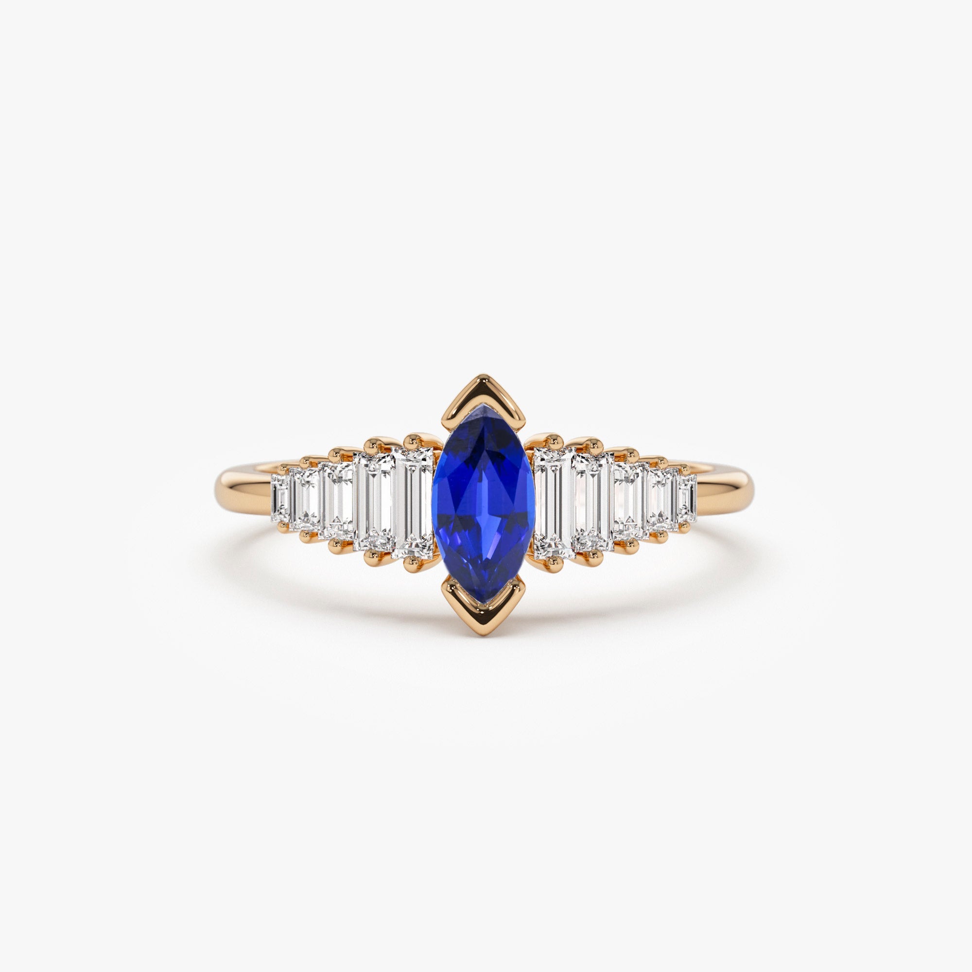 OBFJ1212 - 14k Gold Marquise Shape Sapphire Ring with Baguette Accents 4