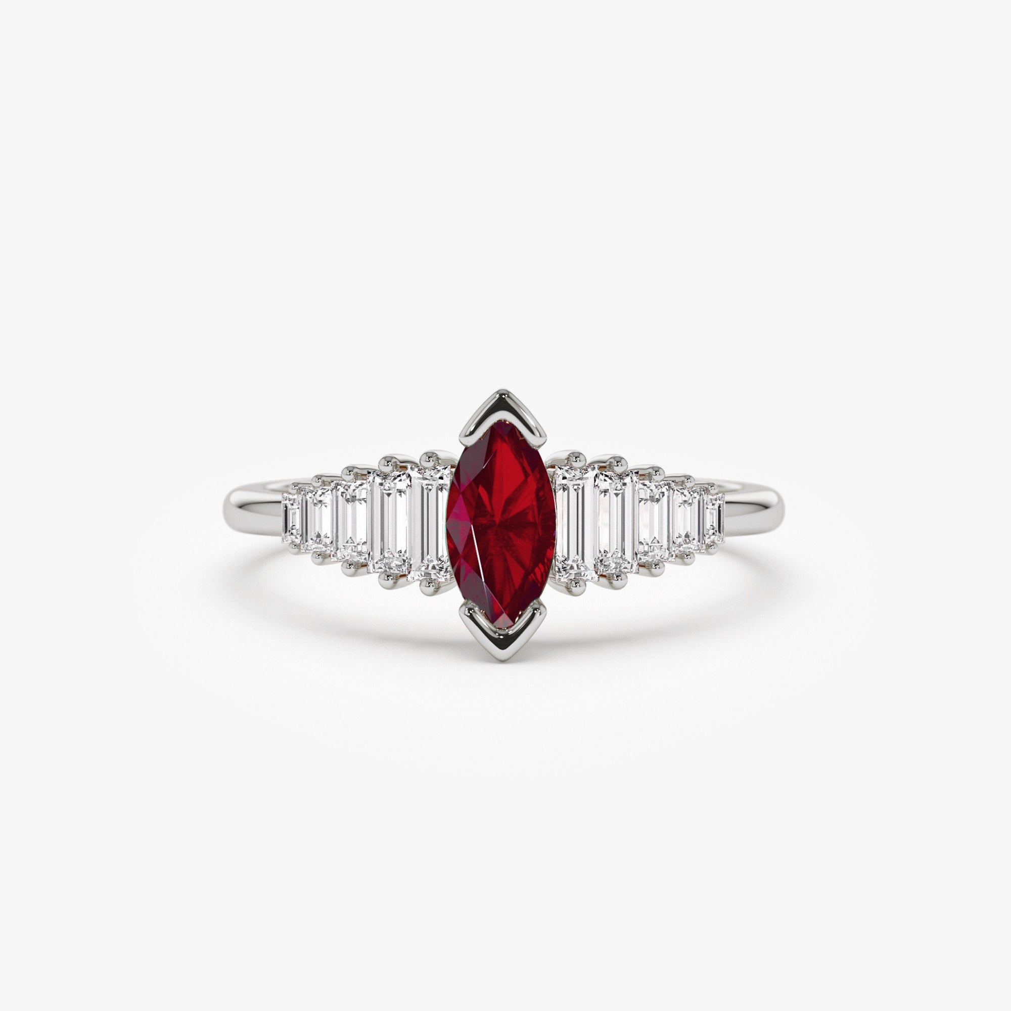 OBFJ1213 - 14k Gold Marquise Shape Ruby Ring with Baguette Accents 5