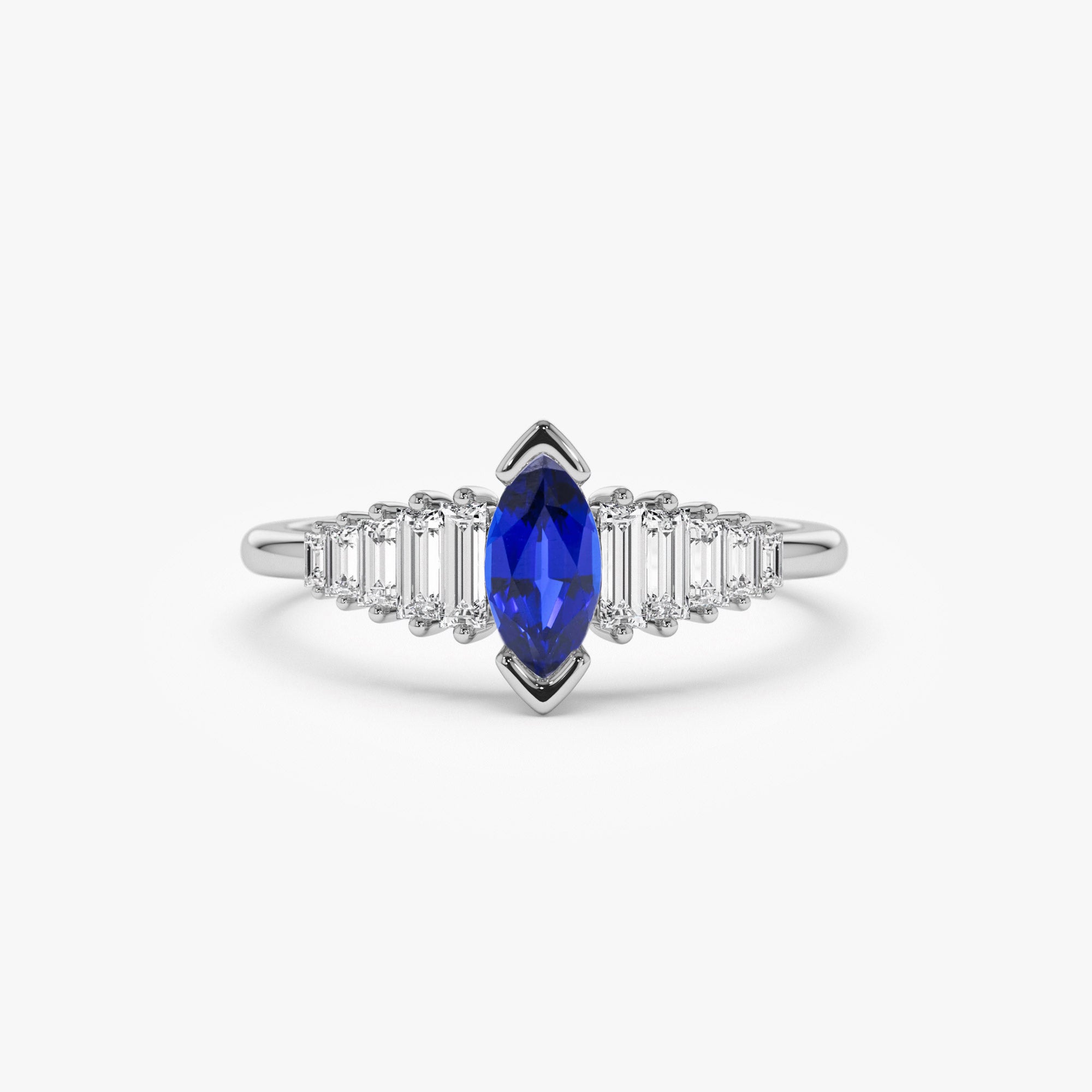 OBFJ1212 - 14k Gold Marquise Shape Sapphire Ring with Baguette Accents 5