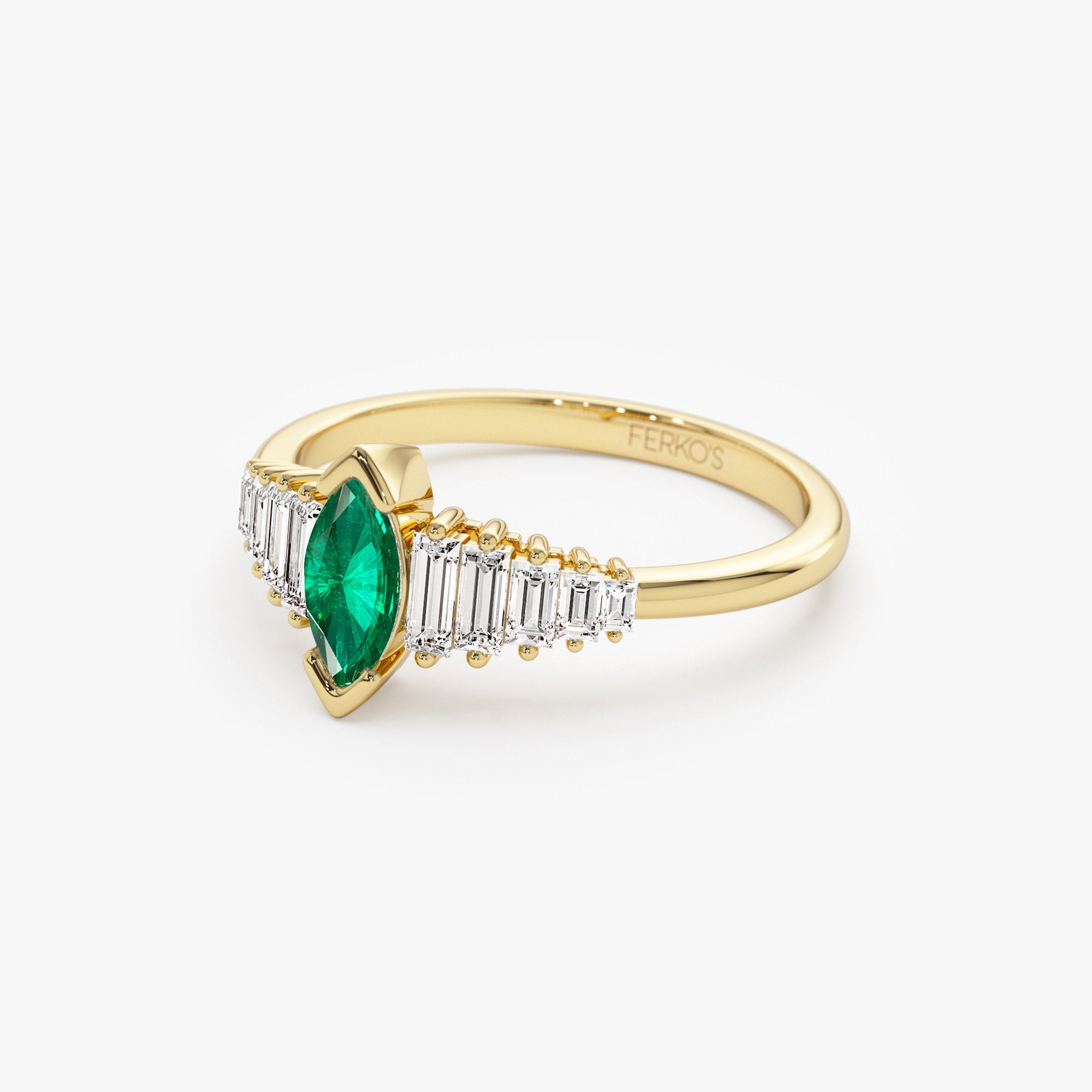 OBFJ1214 - 14k Gold Marquise Shape Emerald Ring with Baguette Accents 8