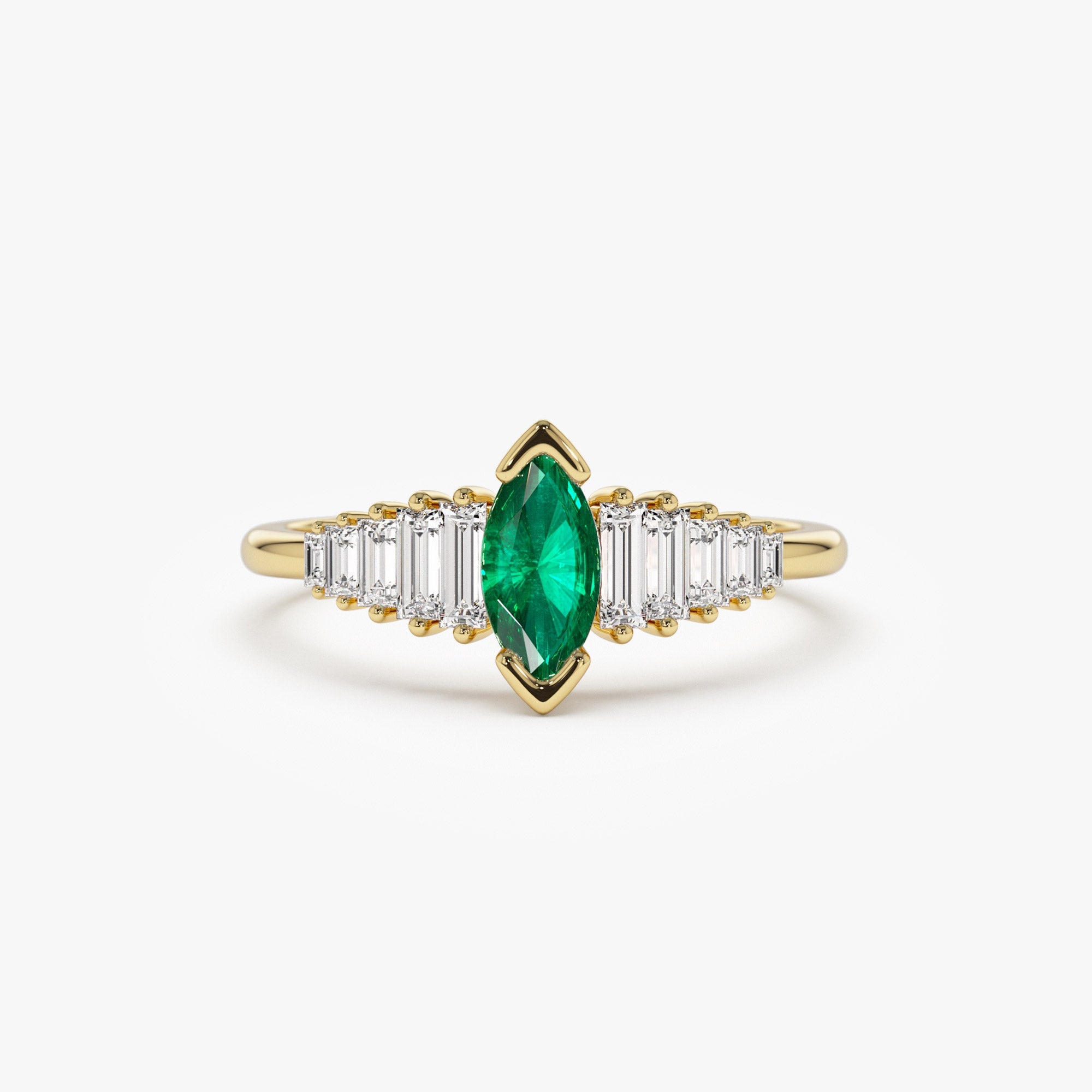 OBFJ1214 - 14k Gold Marquise Shape Emerald Ring with Baguette Accents 1