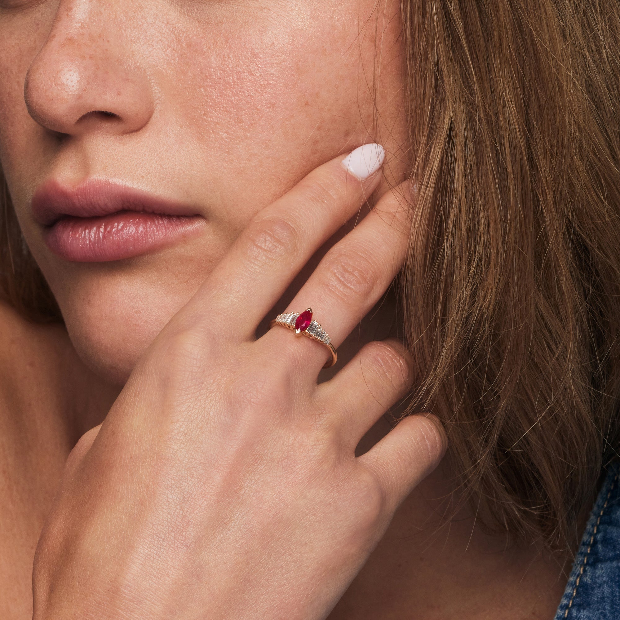 OBFJ1213 - 14k Gold Marquise Shape Ruby Ring with Baguette Accents 3