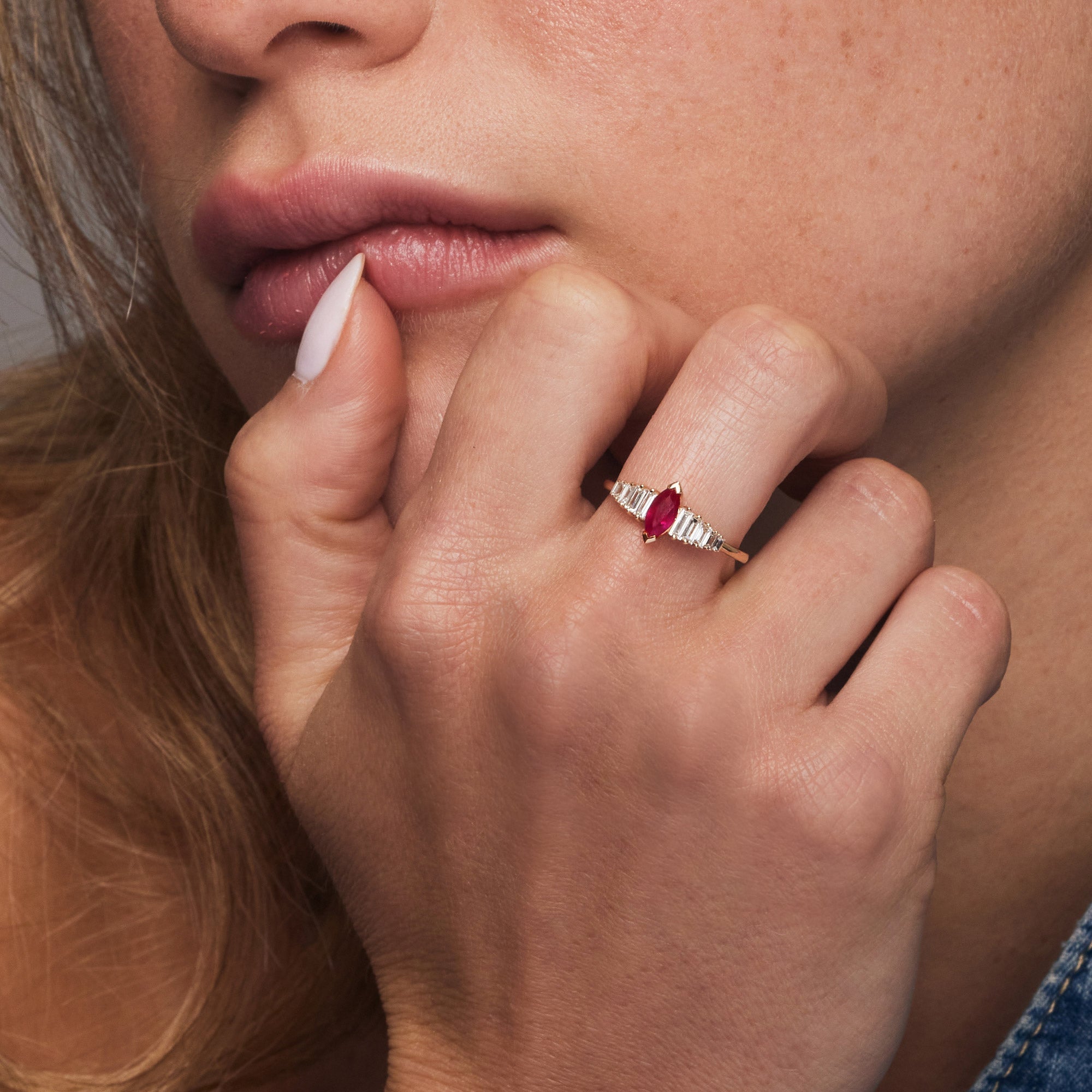 OBFJ1213 - 14k Gold Marquise Shape Ruby Ring with Baguette Accents 2