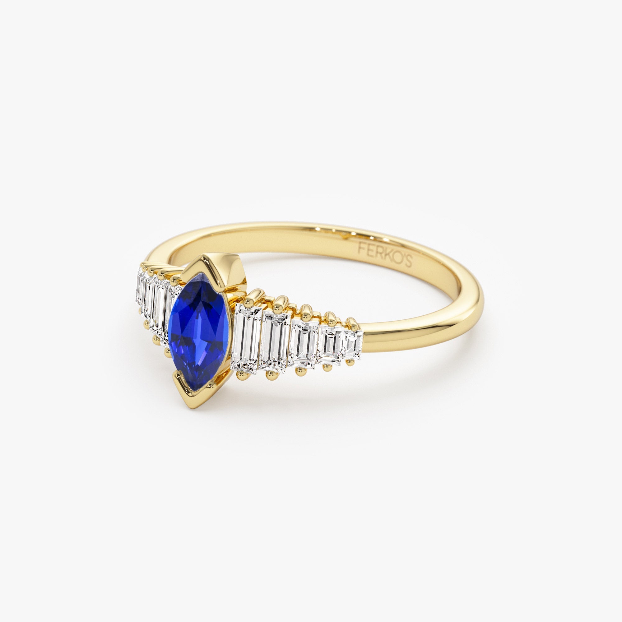 OBFJ1212 - 14k Gold Marquise Shape Sapphire Ring with Baguette Accents 6